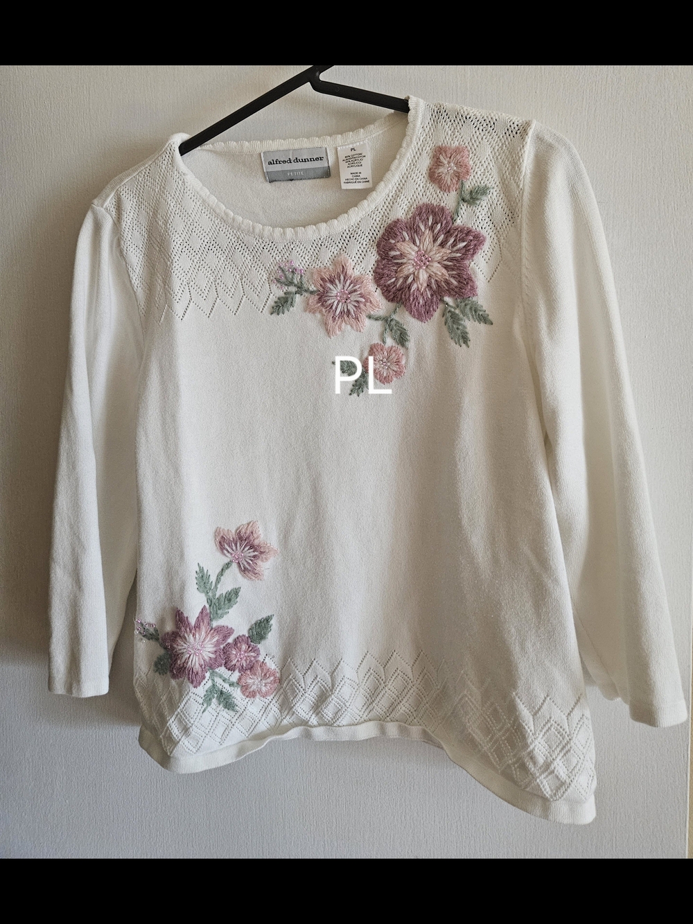 Alfred Dunner Cream Knit Crewneck Top with Pink Floral Embroidery